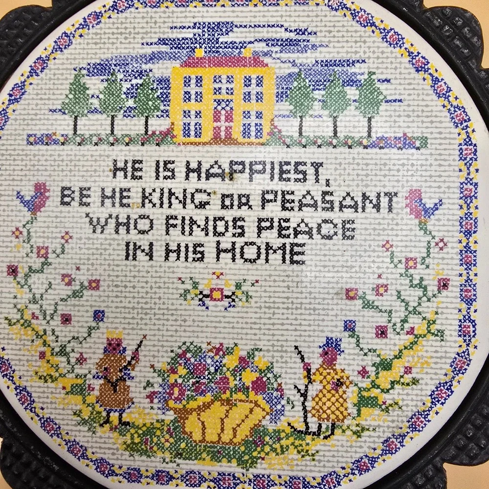 Vintage Cast Iron‎ Trivet Ceramic Insert Home Quote Cross Stitch Style Black